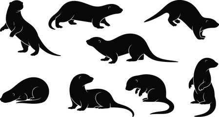 Otter silhouette collection in various poses, vector illustration, standing, sitting, walking, sleeping otters, black animal graphic icons