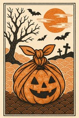 和風ハロウィンイラスト 風呂敷に包まれたジャックオーランタン