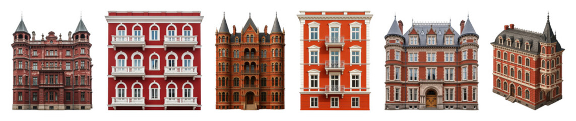 Obraz premium Historic building set including red, brown, and terracotta facades with ornate details isolated. European urban architecture.