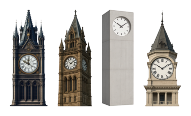 Clock tower set including gothic, classical, modern, and traditional styles isolated. Architectural design elements.