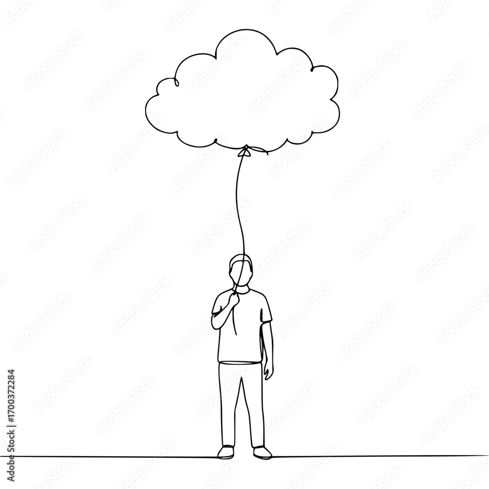 Aufkleber man holding a cloud-shaped balloon, isolated vector image in line art style on transparent backgroun