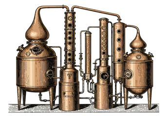 Illustration Of Copper Distillery Equipment Against Transparent Black Background