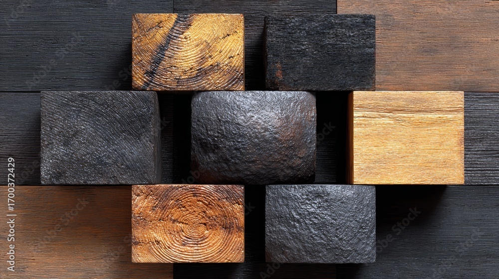 Poster abstract stack of rustic aged wood blocks displaying texture architecture background in natural envi
