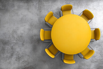 Bright yellow circular table surrounded by chairs against a textured grey surface