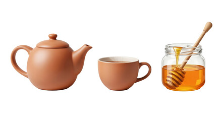 Autumn tea time items PNG transparent background isolated white fall collection teapot cup honey