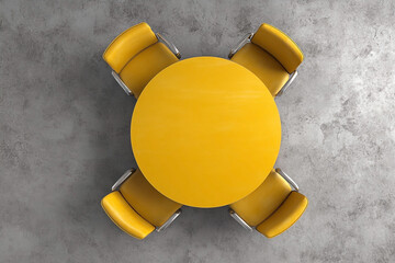 Minimalist yellow circular table with four chairs on a grey textured surface