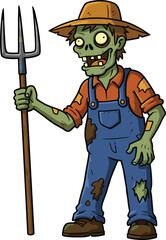 Cartoon zombie farmer holding pitchfork wearing hat, orange shirt, blue overalls, undead scarecrow, Halloween spooky undead character