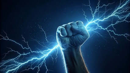 Fist gripping powerful electric lightning bolt energy