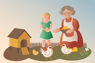 The illustration shows an elderly woman feeding chickens, with her granddaughter holding a chick next to her. The village scene conveys an atmosphere of comfort, family and care for domestic animals.