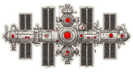 Retro Space Station Sticker Illustration with Red Accents and Solar Panels