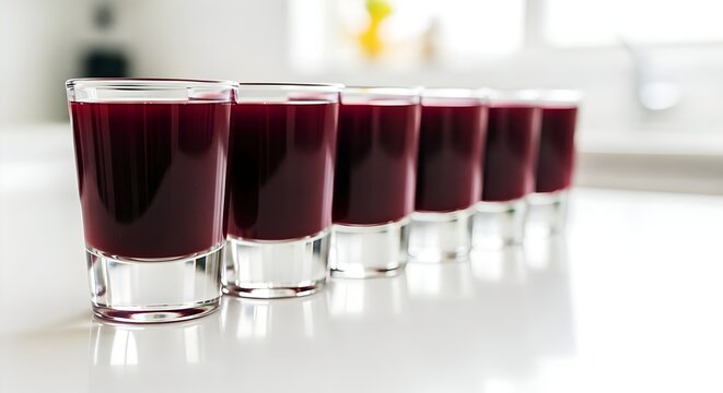 A row of vibrant beet kvass wellness shots, a daily probiotic ritual for gut health. This fermented, functional drink supports the gut-brain axis and a healthy lifestyle.
