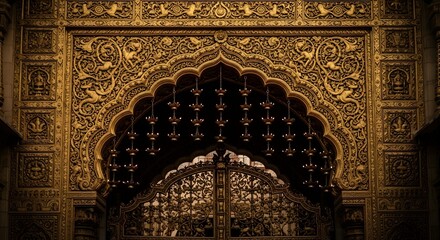 Intricate golden archway adorned with detailed carvings and hanging lamps, showcasing exquisite mughal architecture and rich heritage