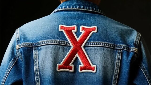 Bold red letter X patch on a textured denim jacket, symbolizing identity and style