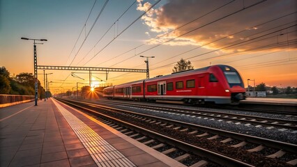 Fototapeta premium Red passenger train on tracks at sunset with dramatic sky and birds