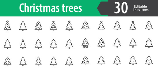 Christmas Trees Line Icons, Festive Holiday Outlines, Seasonal Decoration Elements, Celebration Symbols, Vector Icons Set, Ideal for Both Digital and Print Use  
