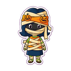 Fototapeta premium Cartoon mummy girl Halloween sticker on transparent background