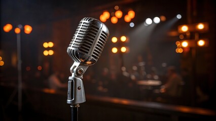 Vintage microphone on stage with blurred lights and audience
