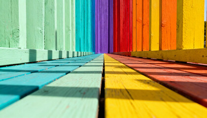 Vibrant abstract tunnel made of painted wooden boards in rainbow hues