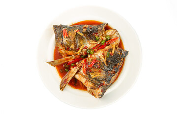 Spicy Braised Fish Head with Chili Peppers in Sauce on White Background