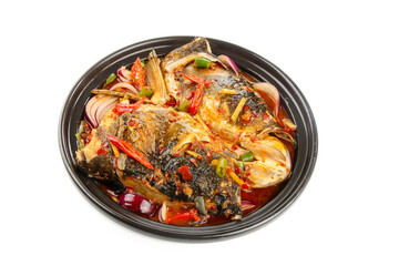 Spicy Braised Fish Head with Chili Peppers and Vegetables in Black Bowl on White Background