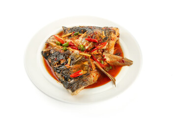 Spicy Braised Fish Head with Red Chili Peppers on White Plate Isolated Background