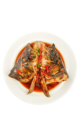 Spicy Asian Fish Head Dish with Chili Peppers on White Plate Isolated Background