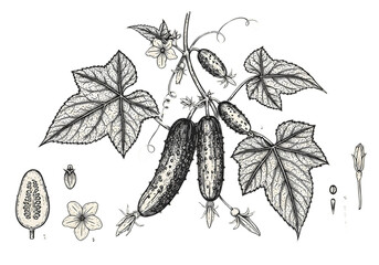 Illustration Of Cucumber Plant With Detailed Leaves And Transparent Background