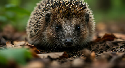 "Close-up of a hedgehog with its nose and spines in sharp focus, while the forest floor background fades into a smooth blur."