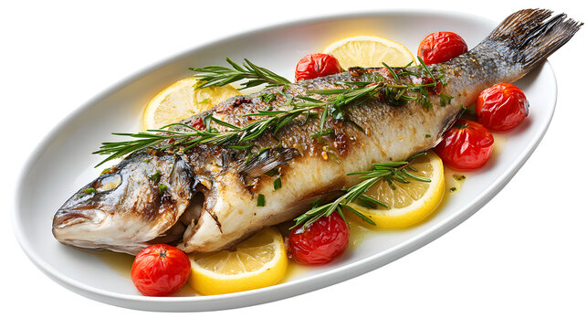 Pesce al Forno: a whole baked fish, likely sea bass, roasted with lemon, cherry tomatoes, and rosemary. A classic healthy Mediterranean meal.