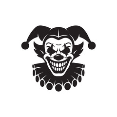  sinister black and white clown face illustration with sharp teeth, jester hat, and bold symmetrical horror design on white background.