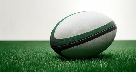 Rotating white rugby ball with green and black stripe on artificial turf, copy space - Powered by Adobe