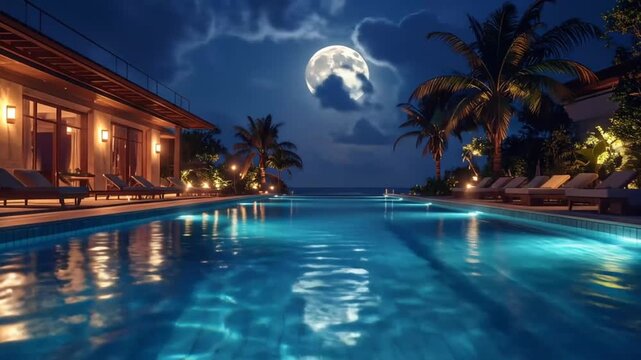 Nighttime Poolside Luxury: Tropical Resort with Moonlit Water and Palm Trees