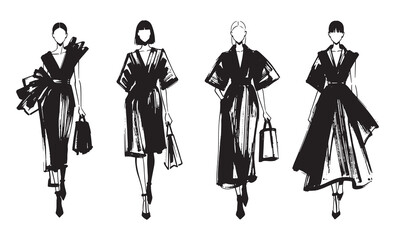 Chic fashion sketches of elegant women in stylish dresses and handbags