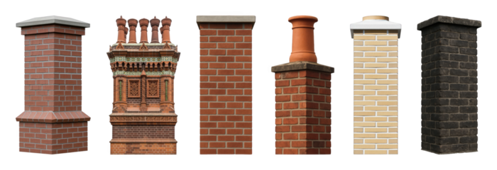 Brick chimney and pillar set including various red, ornate, terracotta, cream, and dark styles isolated. Architectural exterior elements.