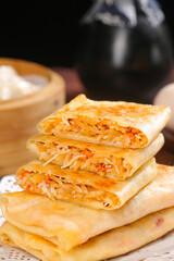 Handmade Potato Pancakes with Spicy Shredded Filling in Triple Stack Bamboo Box