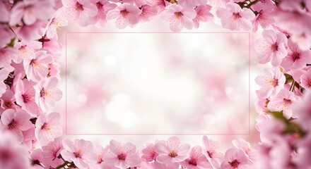 Fototapeta premium Elegant pink cherry blossom floral frame with delicate petals, perfect for invitations, greeting cards, wedding design, and spring decoration.