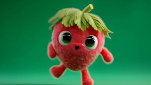 Strawberry fruit cartoon character motion on green screen, animated mascot presenting and dancing happily, cute funny berry with big eyes, playful tropical fruit character design