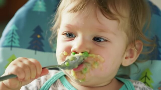 Baby sitting in high chair, trying mashed vegetables or cereal, funny reactions, food mess around face video