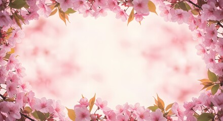 Obraz premium Elegant pink cherry blossom floral frame with delicate petals, perfect for invitations, greeting cards, wedding design, and spring decoration.