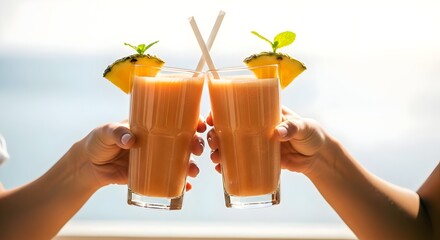 Celebrating wellness together: two people toast with vibrant tropical smoothies, a moment of shared joy and a healthy lifestyle on vacation.
