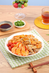 Fresh Seafood Platter with Shrimp and Clams on Wooden Table Asian Style Dining