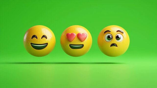 Three smiley emoji faces motion on green screen, animated emoticons dancing up and down together, funny cartoon style expression icons, happy love and surprised emoji characters