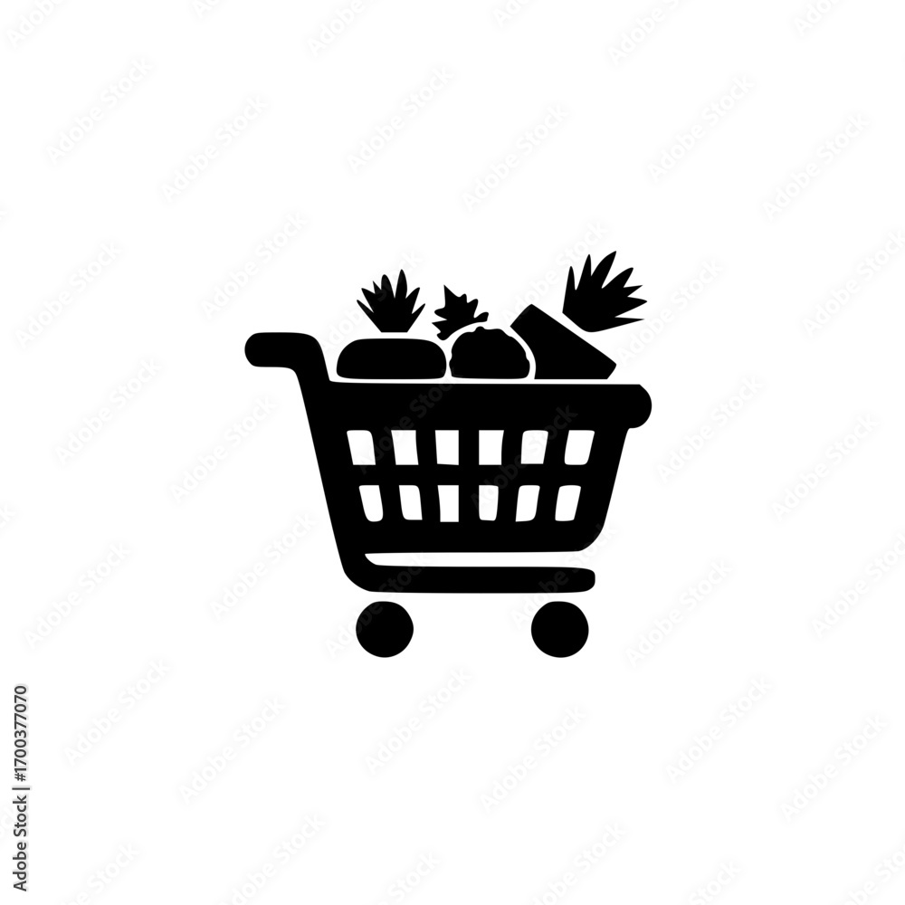 Poster vector image of shopping cart overloaded with small products in store and market environment