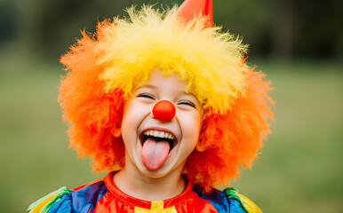 Fototapeta premium Funny clown kid with tongue out smiling at the camera 