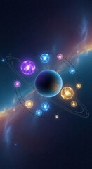 Obraz premium Glowing planets and nebula in deep space with orbiting rings galaxy cosmos