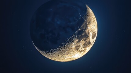 Close-up of a crescent moon in a dark night sky, showcasing its detailed surface texture and illuminated crescent.