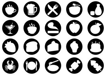A collection of twenty food and drink icons in black circles, featuring various items like coffee, beer, fruit, and desserts.