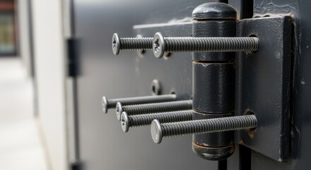 Macro shot of rustresistant long screws anchored firmly through a steel door hinge on an exterior entryway.