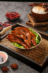 Spicy Duck Feet Marinated in Soya Sauce Traditional Asian Cuisine Delicacy with Rice and Chili Peppers