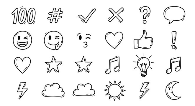 Doodle icon set sketch style vector illustration with emoji heart star music cloud sun and speech bubble design